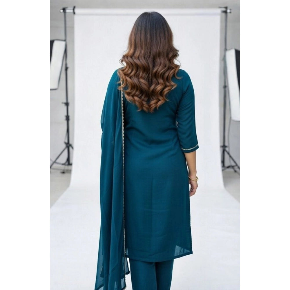 Women's Georgette Ethnic Motif Round 3/4th Sleeve Kurti With Pant Dupatta Set (Teal) - VANSHELLE