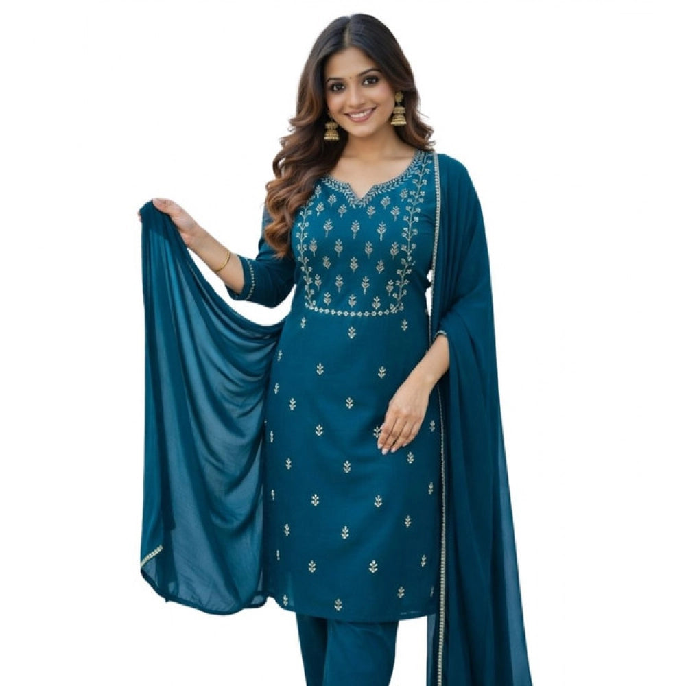 Women's Georgette Ethnic Motif Round 3/4th Sleeve Kurti With Pant Dupatta Set (Teal) - VANSHELLE