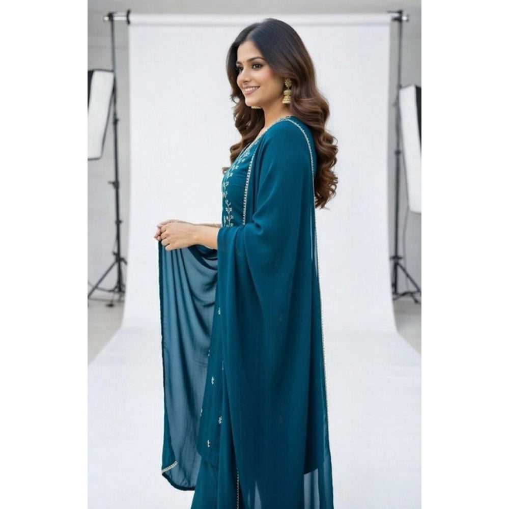 Women's Georgette Ethnic Motif Round 3/4th Sleeve Kurti With Pant Dupatta Set (Teal) - VANSHELLE