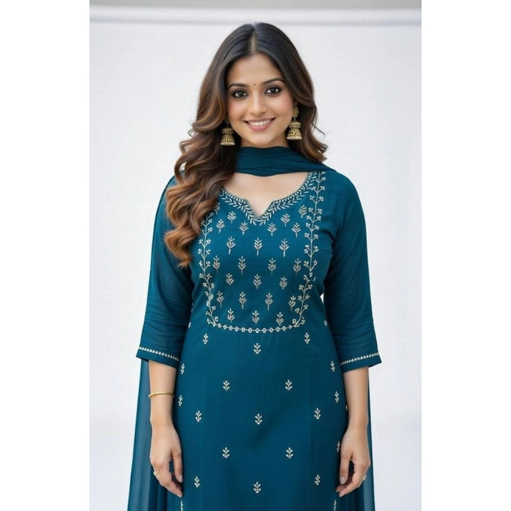 Women's Georgette Ethnic Motif Round 3/4th Sleeve Kurti With Pant Dupatta Set (Teal) - VANSHELLE