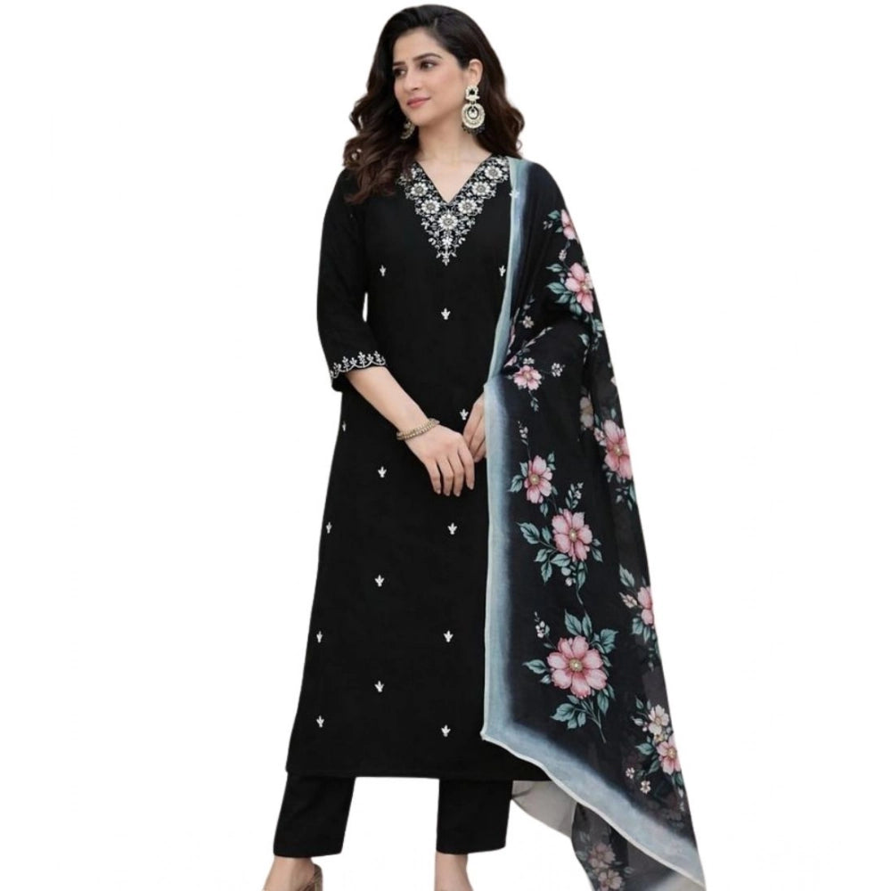 Women's Chanderi Silk Ethnic Motif V-Neck 3/4th Sleeve Kurti With Pant Dupatta Set (Black) - VANSHELLE
