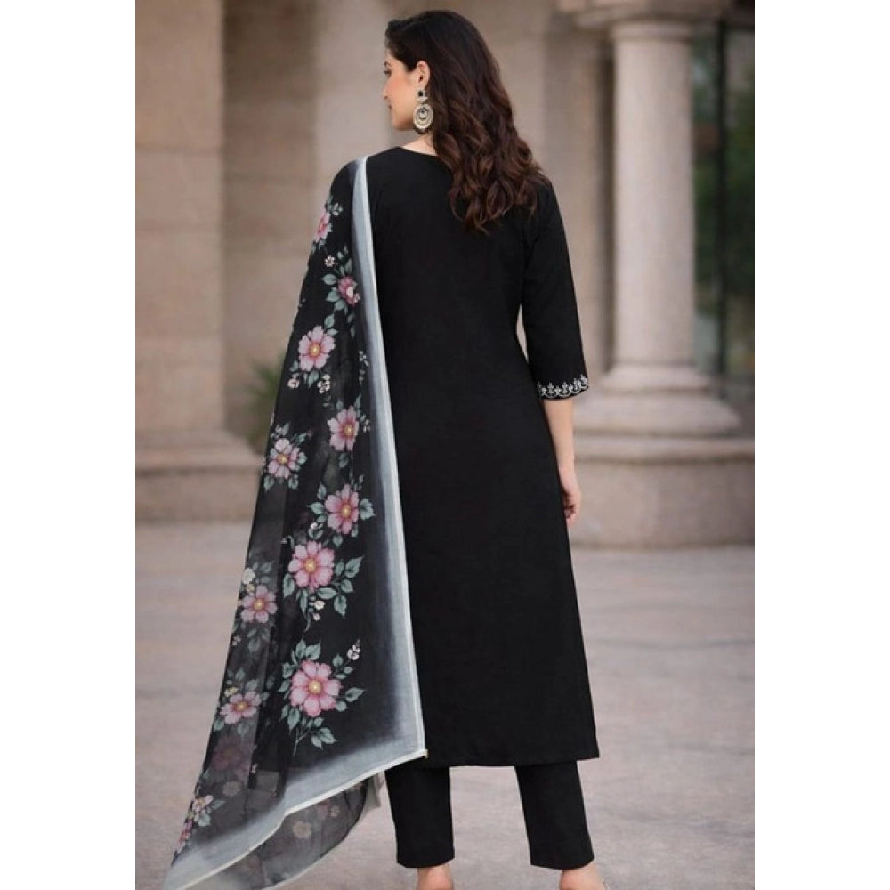 Women's Chanderi Silk Ethnic Motif V-Neck 3/4th Sleeve Kurti With Pant Dupatta Set (Black) - VANSHELLE