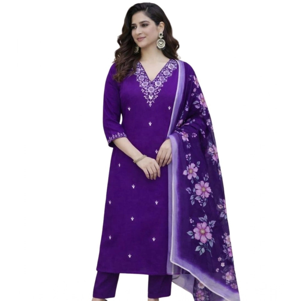 Women's Chanderi Silk Ethnic Motif V-Neck 3/4th Sleeve Kurti With Pant Dupatta Set (Purple) - VANSHELLE