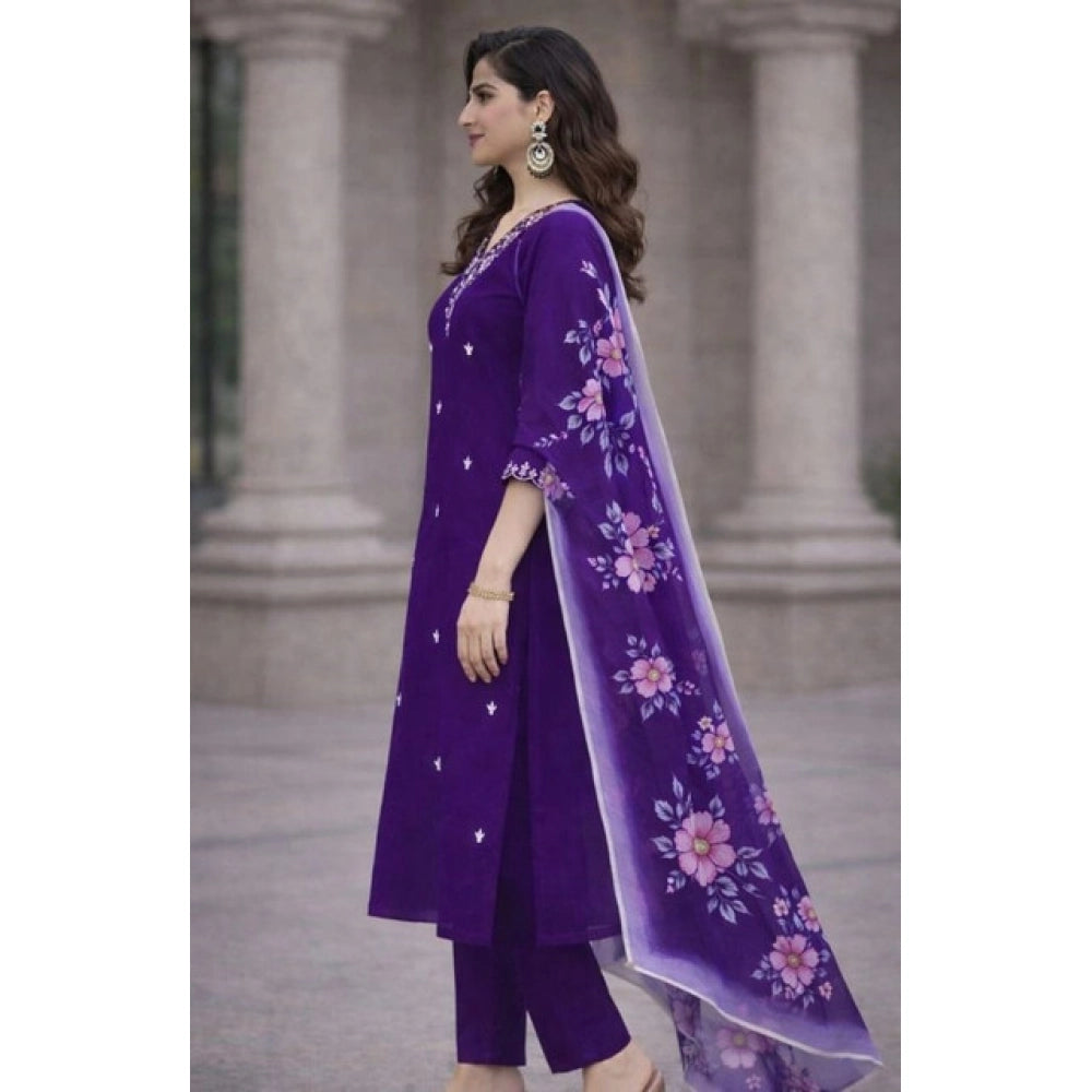 Women's Chanderi Silk Ethnic Motif V-Neck 3/4th Sleeve Kurti With Pant Dupatta Set (Purple) - VANSHELLE