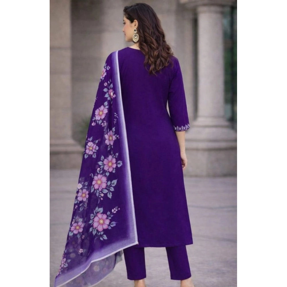Women's Chanderi Silk Ethnic Motif V-Neck 3/4th Sleeve Kurti With Pant Dupatta Set (Purple) - VANSHELLE