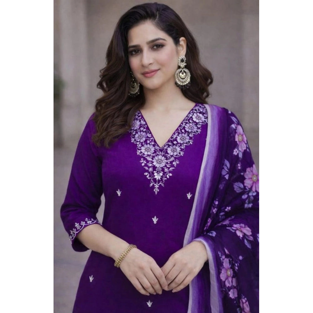 Women's Chanderi Silk Ethnic Motif V-Neck 3/4th Sleeve Kurti With Pant Dupatta Set (Purple) - VANSHELLE