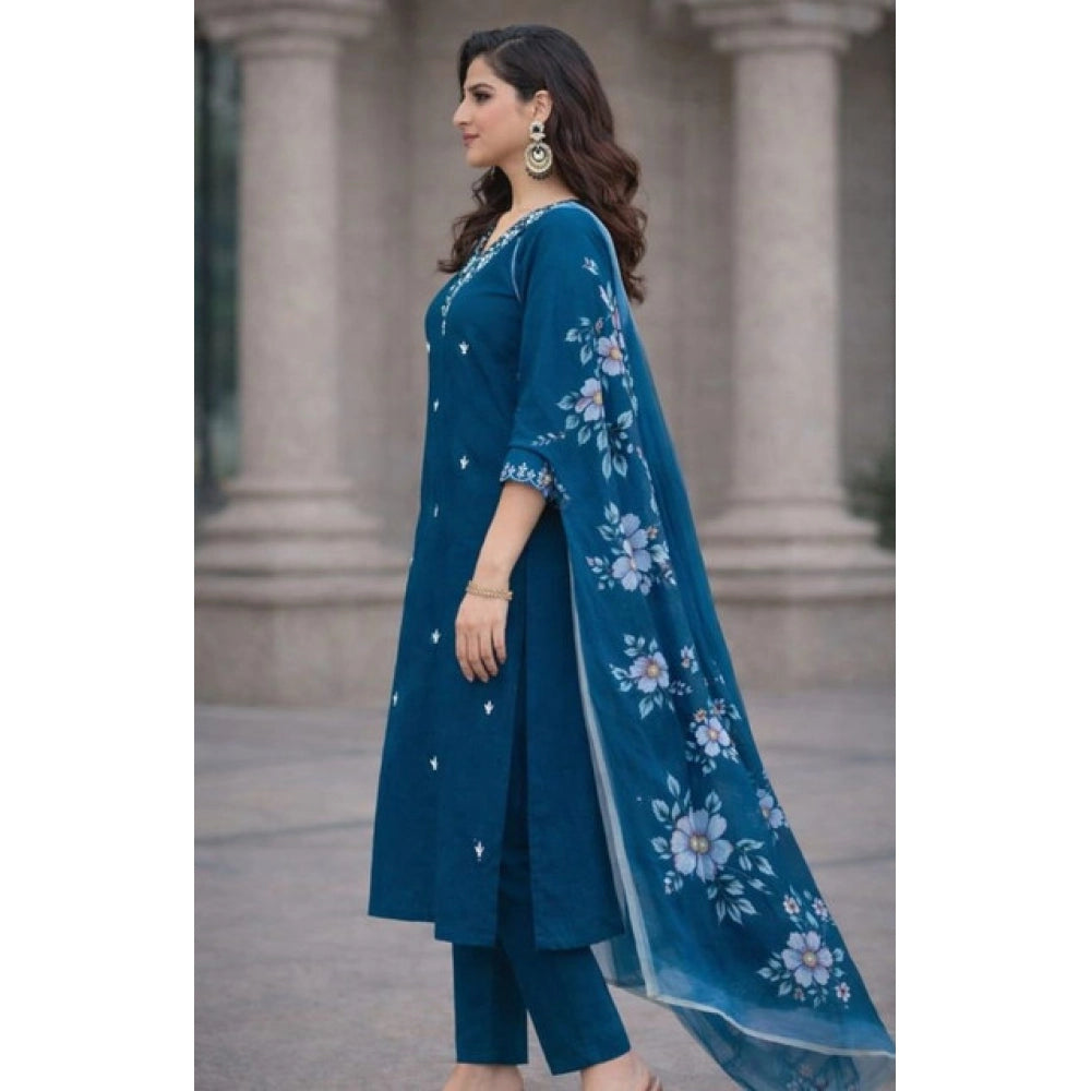 Women's Chanderi Silk Ethnic Motif V-Neck 3/4th Sleeve Kurti With Pant Dupatta Set (Teal) - VANSHELLE