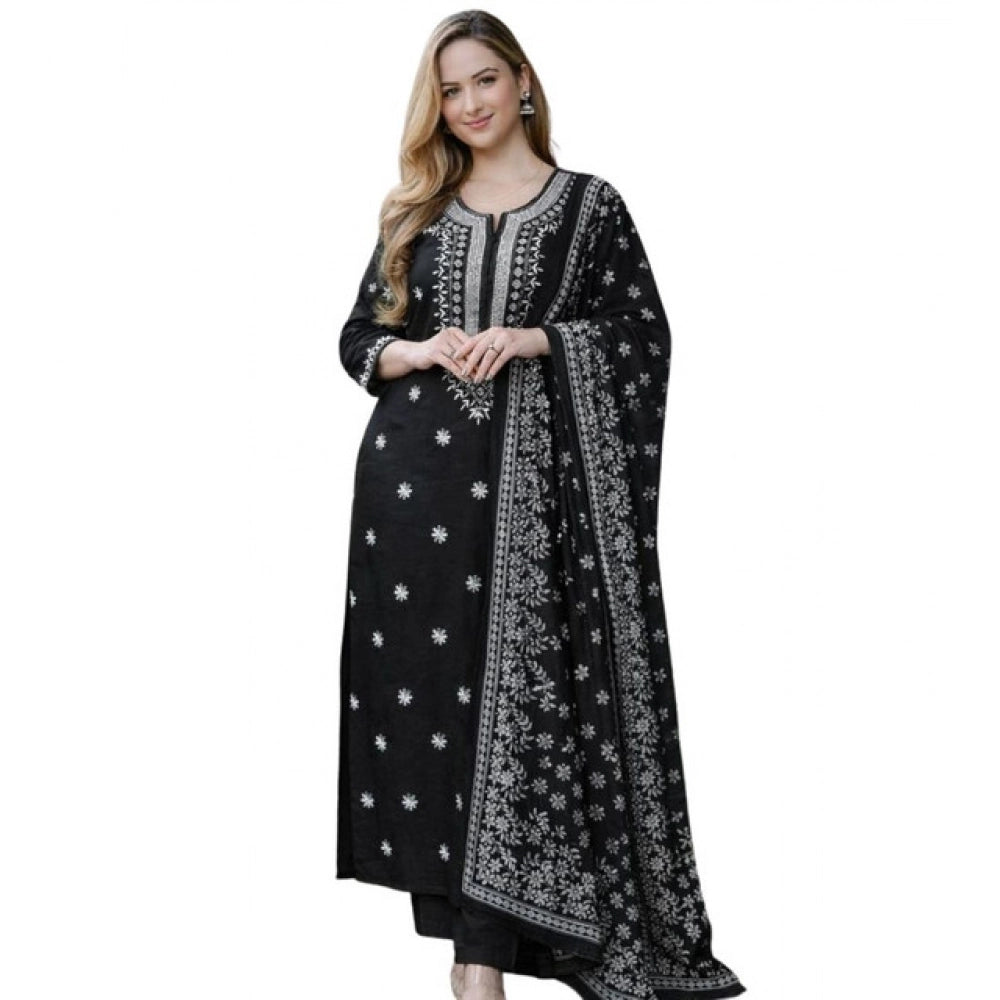 Women's Chanderi Silk Ethnic Motif Round 3/4th Sleeve Kurti With Pant Dupatta Set (Black) - VANSHELLE