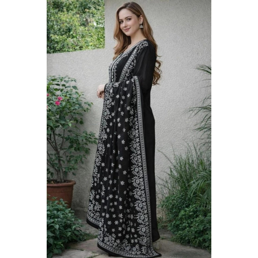 Women's Chanderi Silk Ethnic Motif Round 3/4th Sleeve Kurti With Pant Dupatta Set (Black) - VANSHELLE