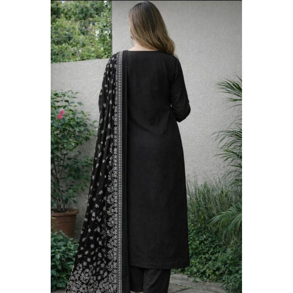 Women's Chanderi Silk Ethnic Motif Round 3/4th Sleeve Kurti With Pant Dupatta Set (Black) - VANSHELLE