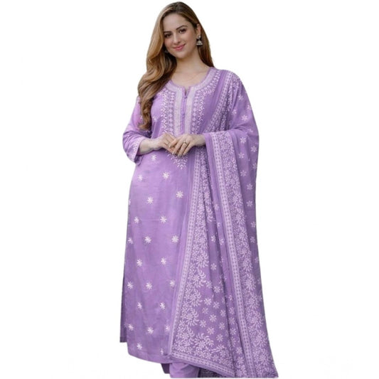 Women's Chanderi Silk Ethnic Motif Round 3/4th Sleeve Kurti With Pant Dupatta Set (Lavender) by Vanshelle