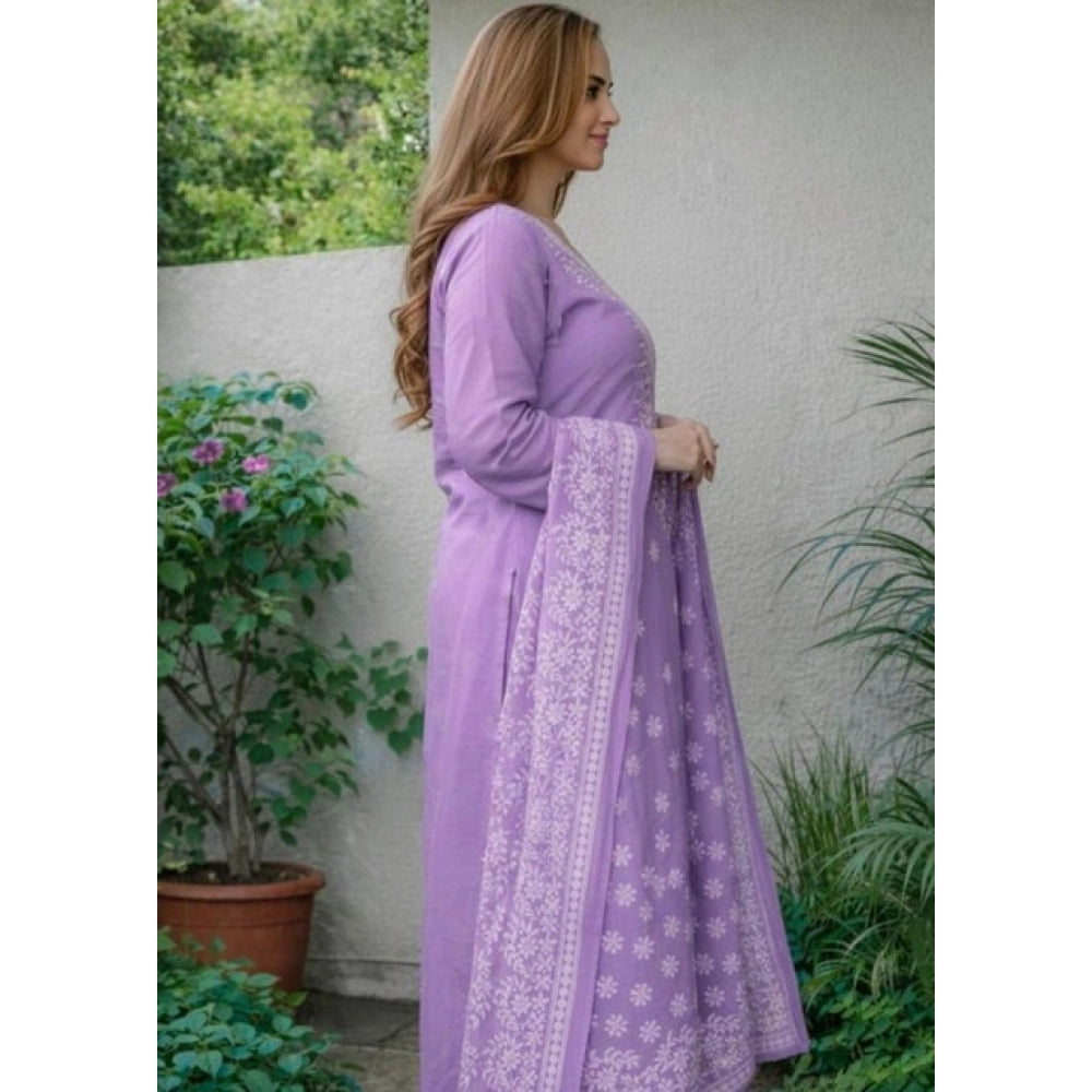 Women's Chanderi Silk Ethnic Motif Round 3/4th Sleeve Kurti With Pant Dupatta Set (Lavender) - VANSHELLE