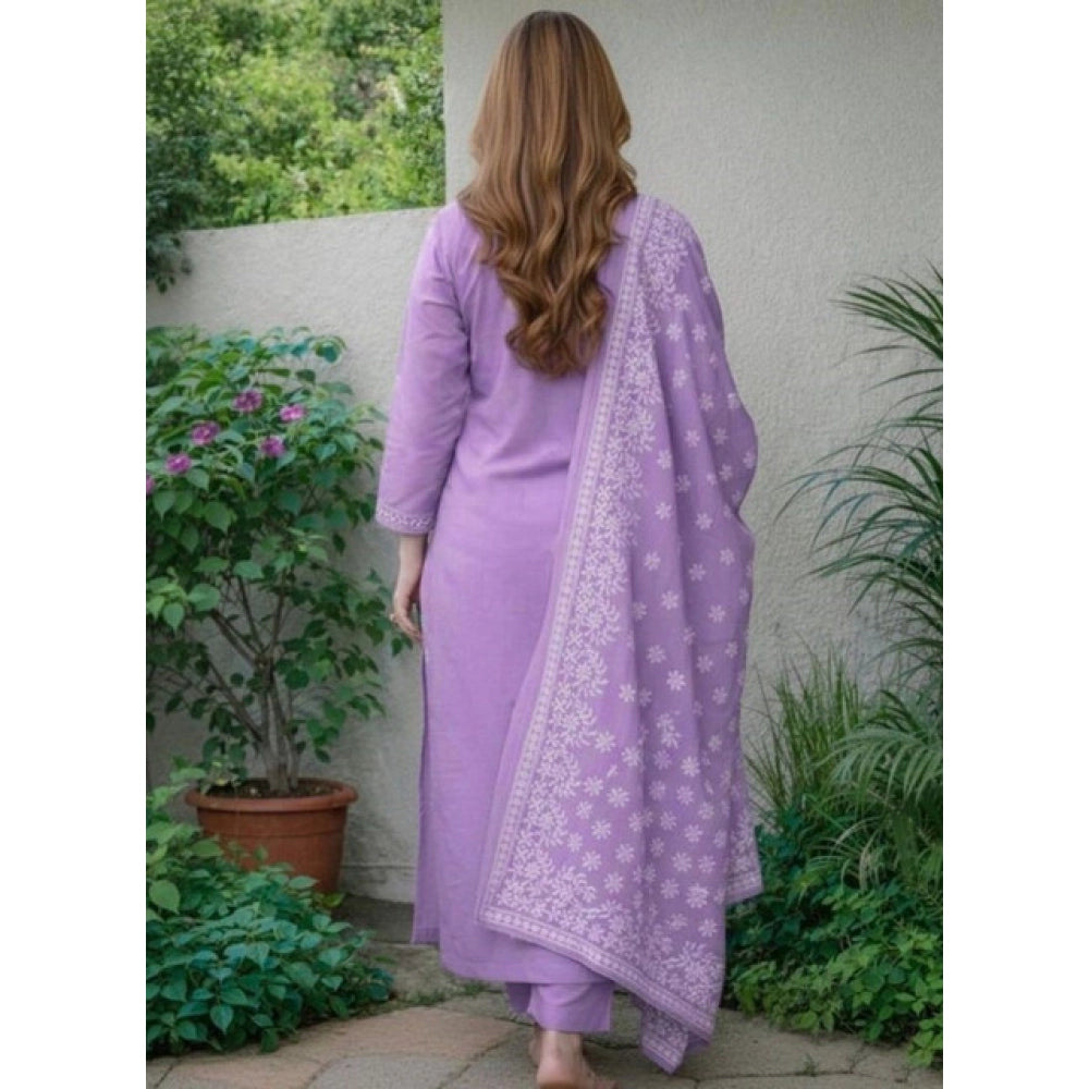 Women's Chanderi Silk Ethnic Motif Round 3/4th Sleeve Kurti With Pant Dupatta Set (Lavender) - VANSHELLE