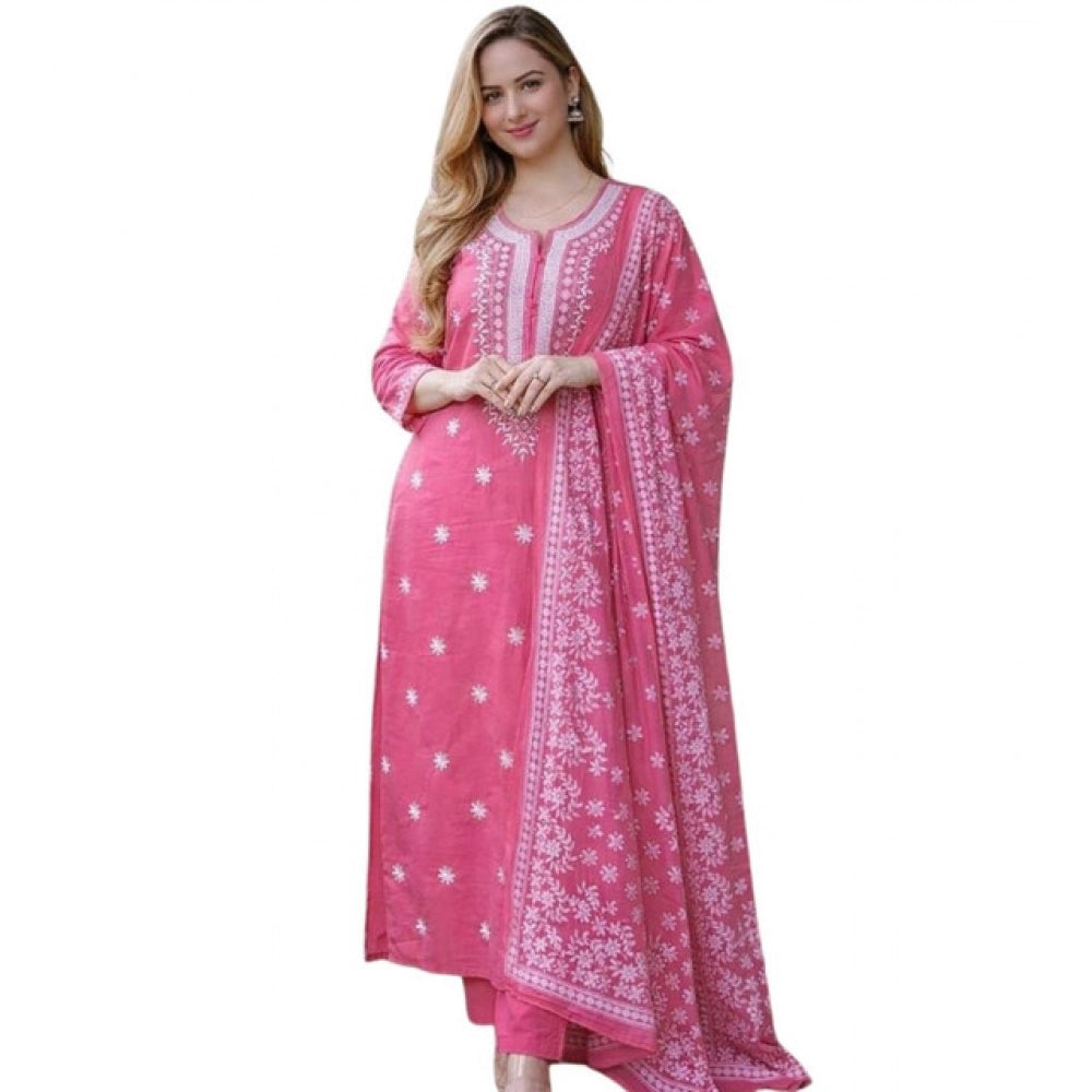 Women's Chanderi Silk Ethnic Motif Round 3/4th Sleeve Kurti With Pant Dupatta Set (Pink) - VANSHELLE