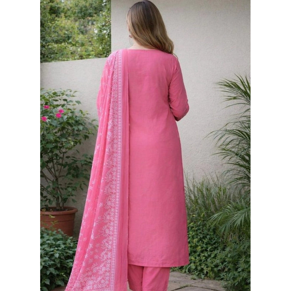 Women's Chanderi Silk Ethnic Motif Round 3/4th Sleeve Kurti With Pant Dupatta Set (Pink) - VANSHELLE