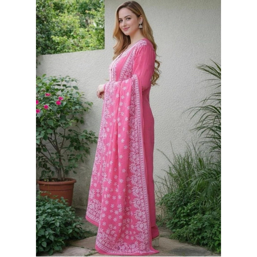 Women's Chanderi Silk Ethnic Motif Round 3/4th Sleeve Kurti With Pant Dupatta Set (Pink) - VANSHELLE