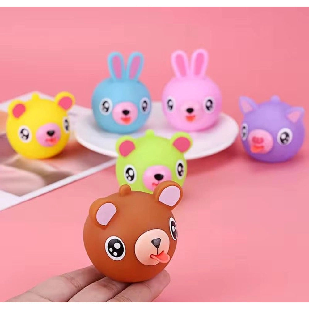 Pack of 5 Rubber-PVC Animal Faces Squishy Squeeze Stress Balls (Multicolor)