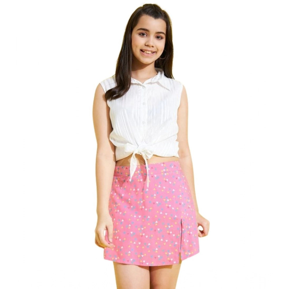 Girl'S Polyester Lurex Printed Sleeveless Skorts Set (White-Pi