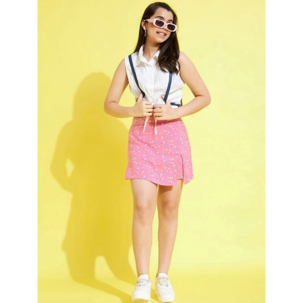 Girl'S Polyester Lurex Printed Sleeveless Skorts Set (White-Pi