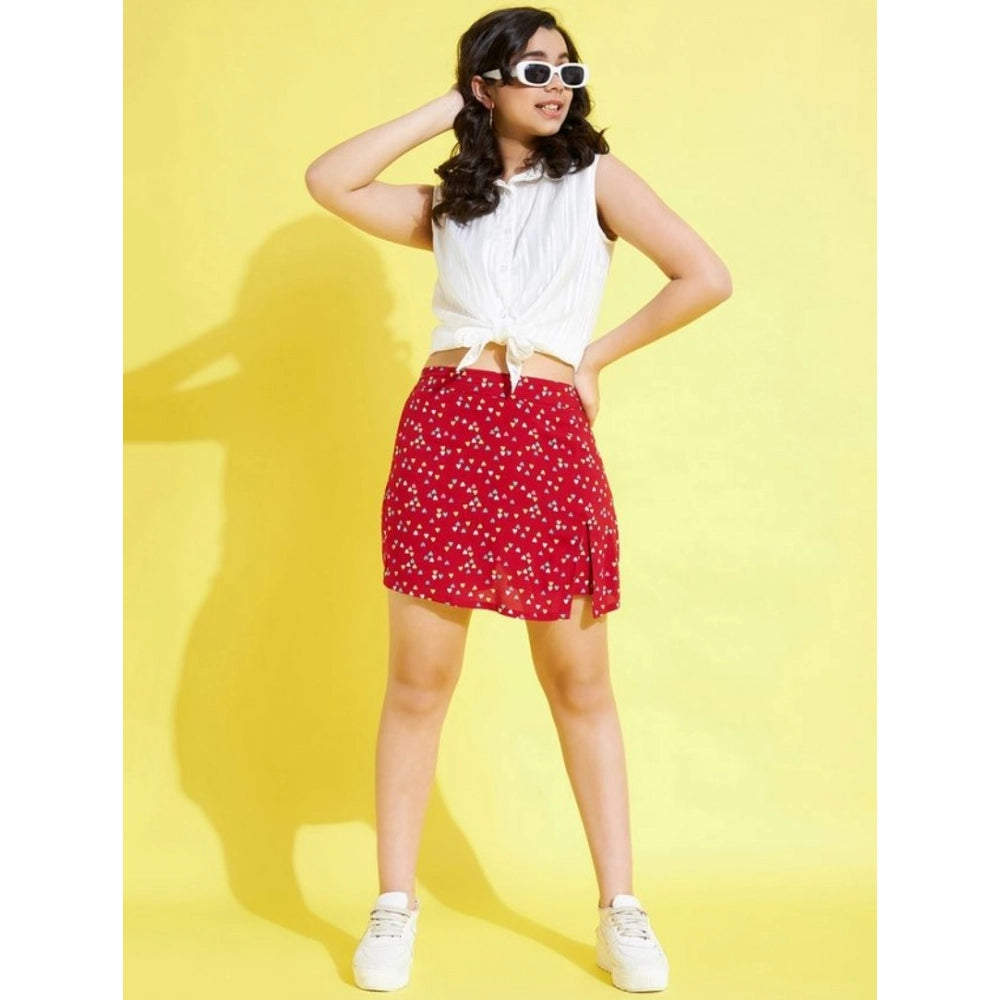 Girl'S Polyester Lurex Printed Sleeveless Skorts Set (White-Re