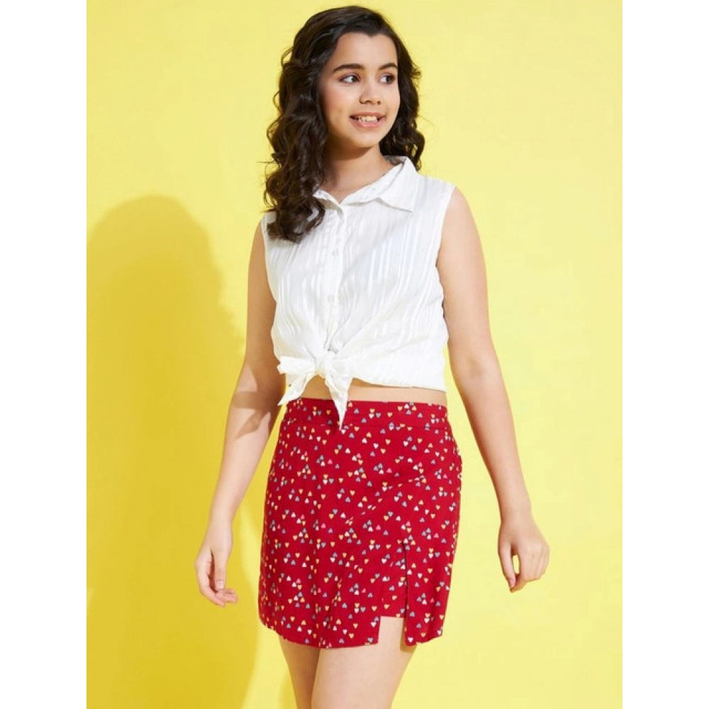 Girl'S Polyester Lurex Printed Sleeveless Skorts Set (White-Re
