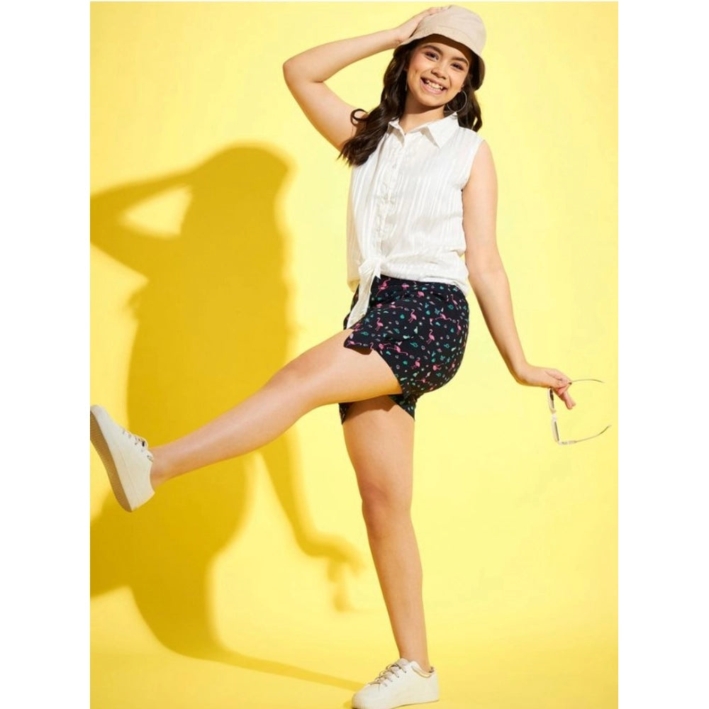 Girl'S Polyester Lurex Printed Sleeveless Top Set (White-Navy)