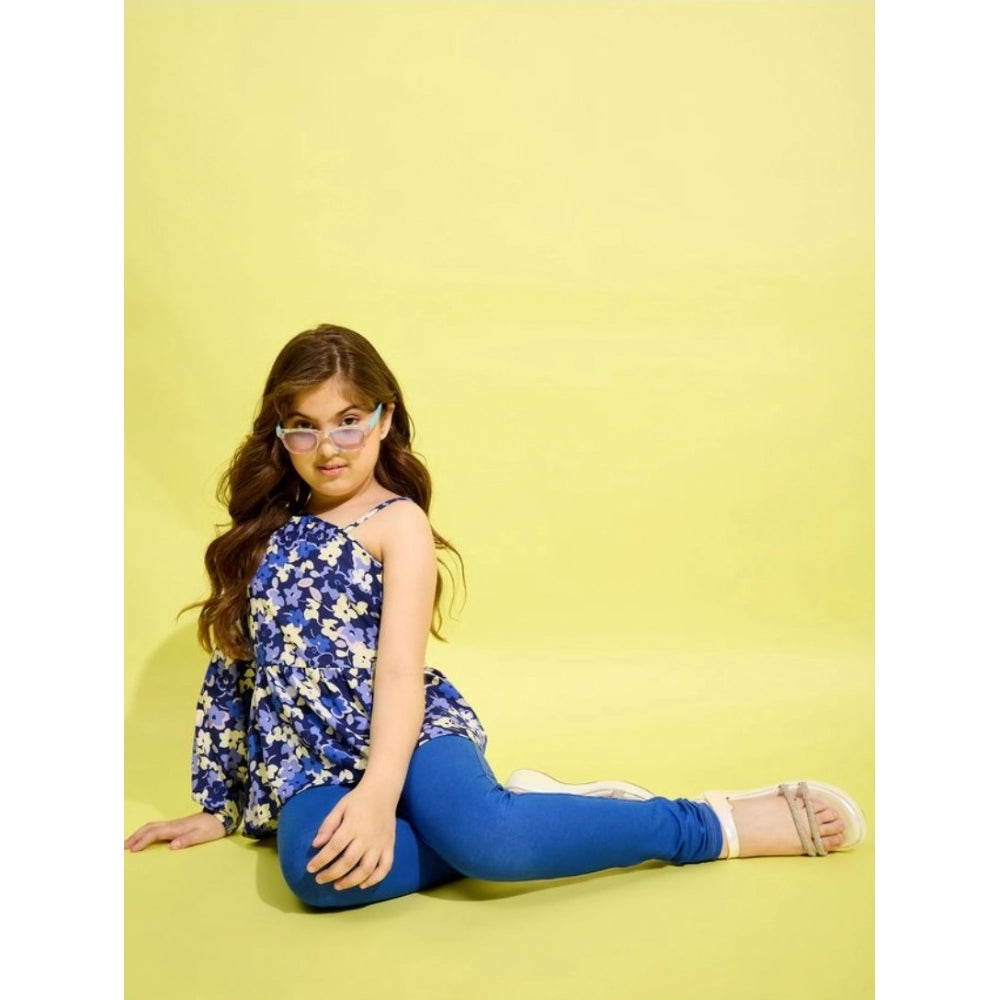 Girl'S Polyester Floral One Shoulder Jeggings Set (Blue)