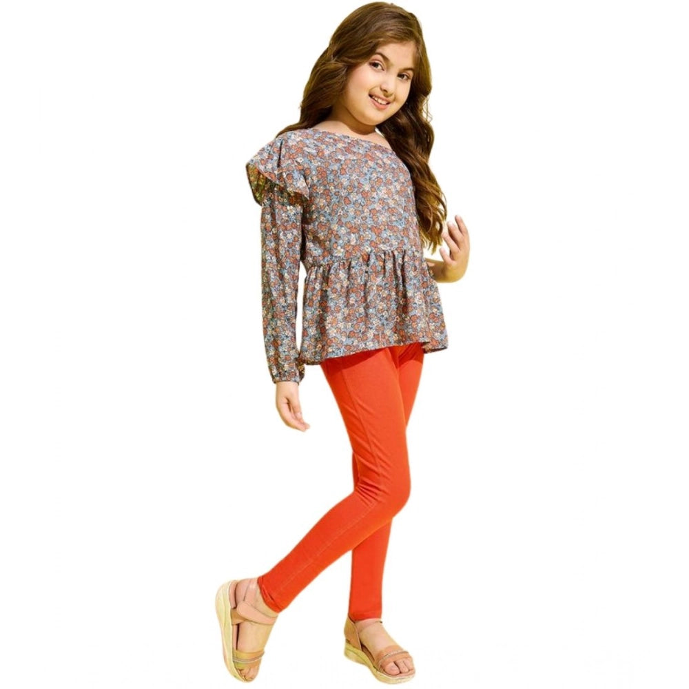 Girl'S Polyester Floral One Shoulder Jeggings Set (Grey-Orange