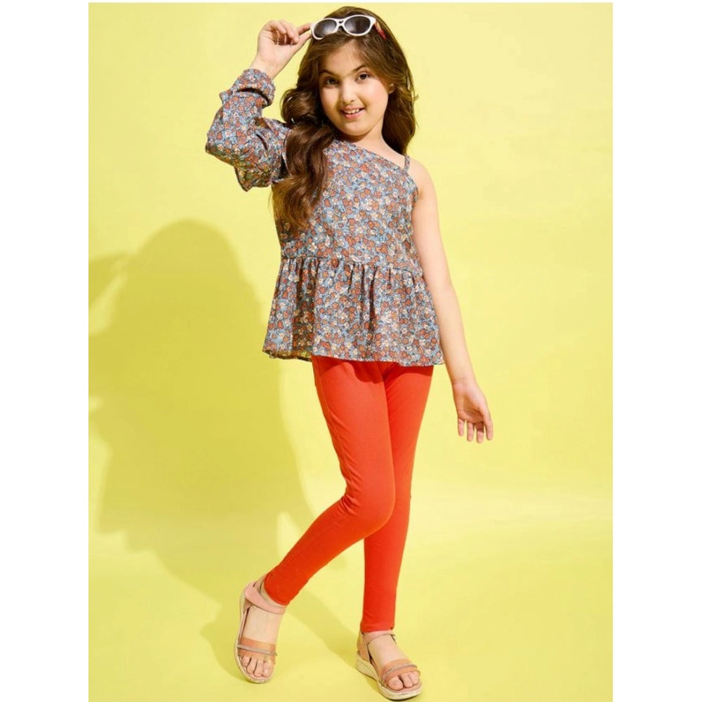 Girl'S Polyester Floral One Shoulder Jeggings Set (Grey-Orange
