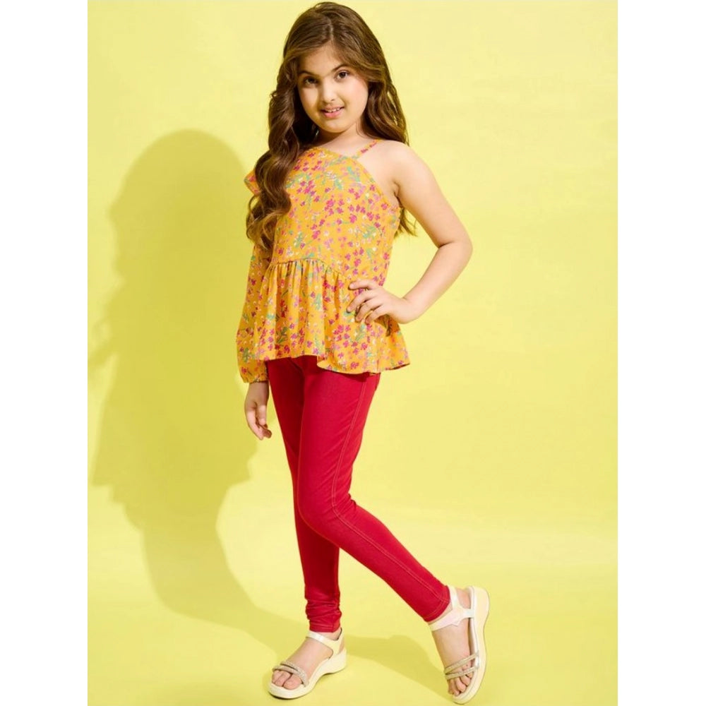 Girl'S Polyester Floral One Shoulder Jeggings Set (Yellow-Red)