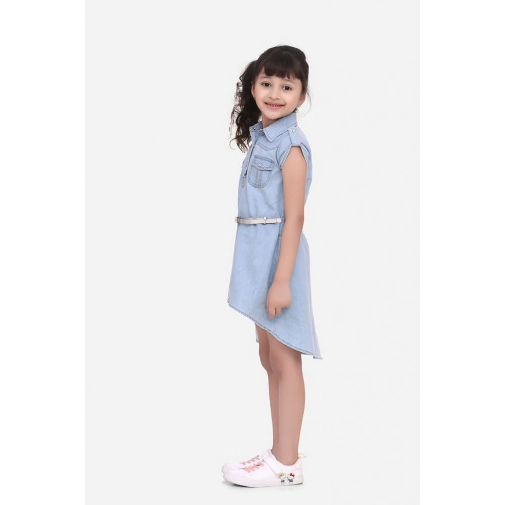 Girl'S Denim Hi Lo Short Sleeve Dress With Belt (Blue)