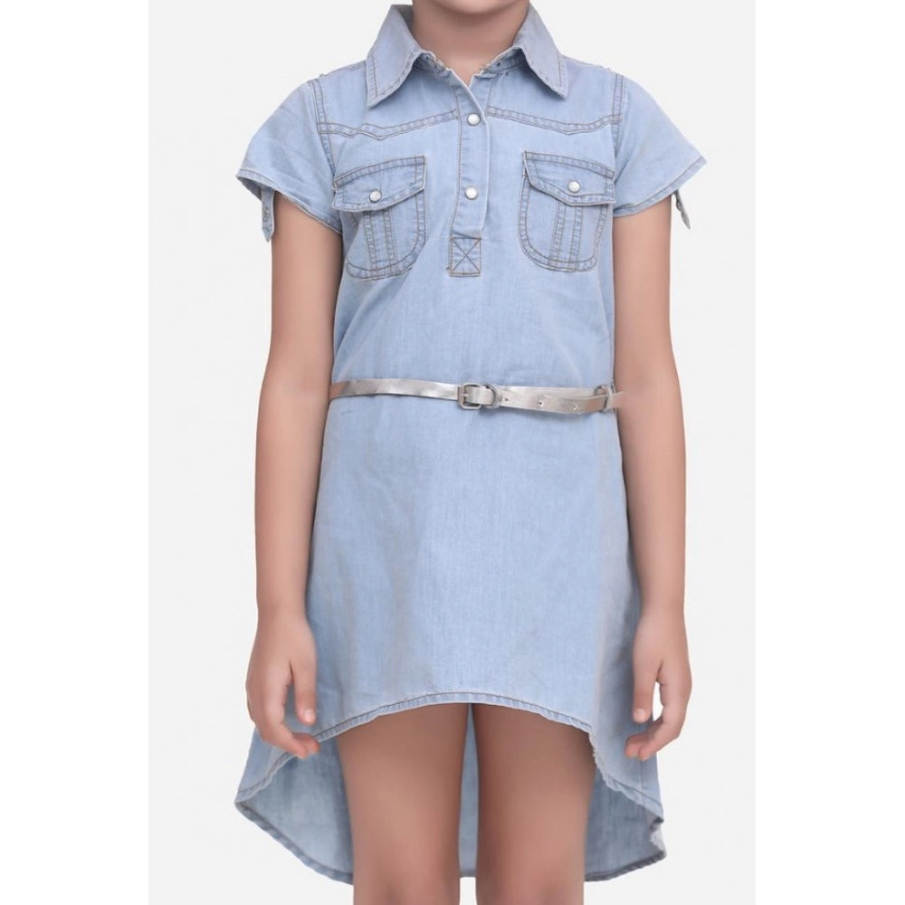 Girl'S Denim Hi Lo Short Sleeve Dress With Belt (Blue)