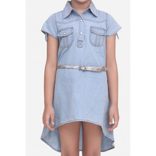 Girl'S Denim Hi Lo Short Sleeve Dress With Belt (Blue)