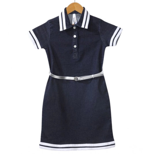 Girl'S Denim Lycra Ribbed Elasticated Dress With Belt (Navy Bl