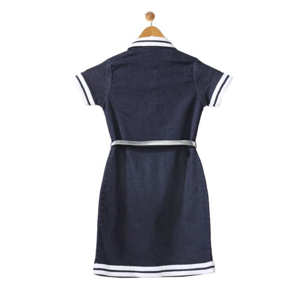 Girl'S Denim Lycra Ribbed Elasticated Dress With Belt (Navy Bl