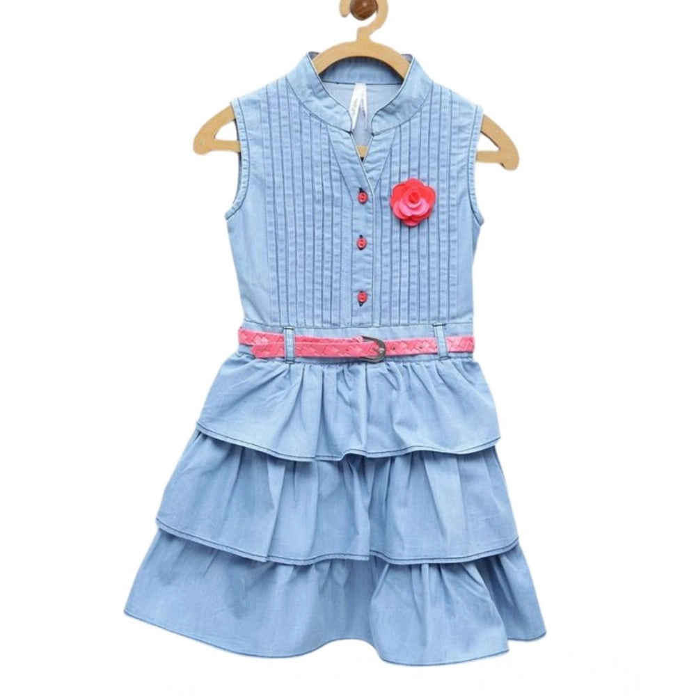 Girl'S Denim Embellished Sleeveless Dress With Belt (Light Blu