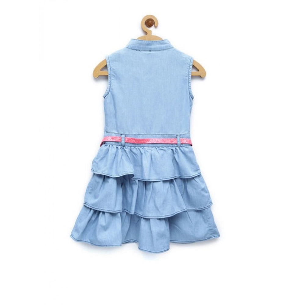 Girl'S Denim Embellished Sleeveless Dress With Belt (Light Blu