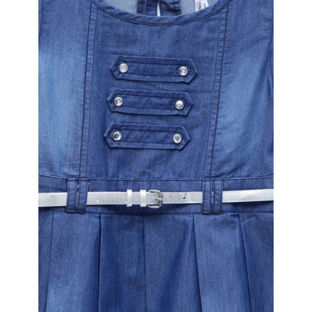 Girl'S Denim Embellished Sleeveless Dress With Belt (Blue)