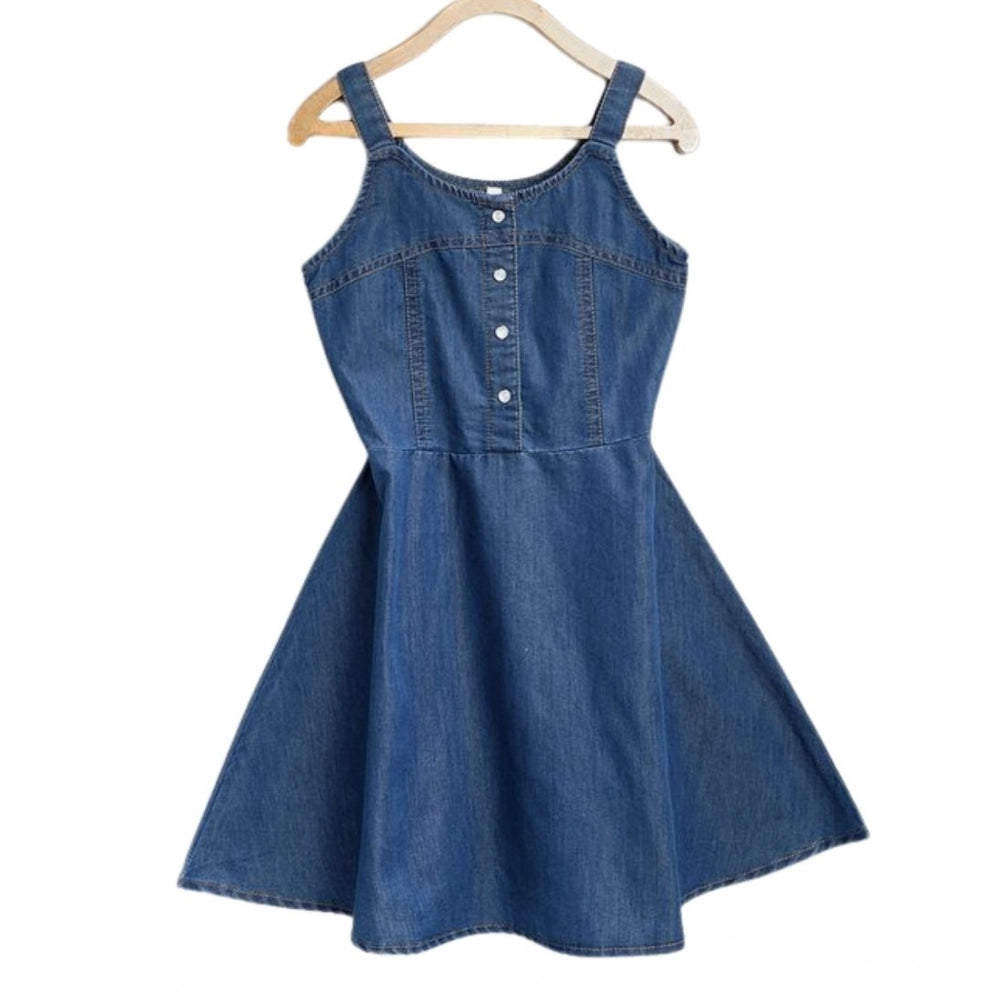 Girl'S Denim Printed Short Sleeve Dress With Straps (Blue)