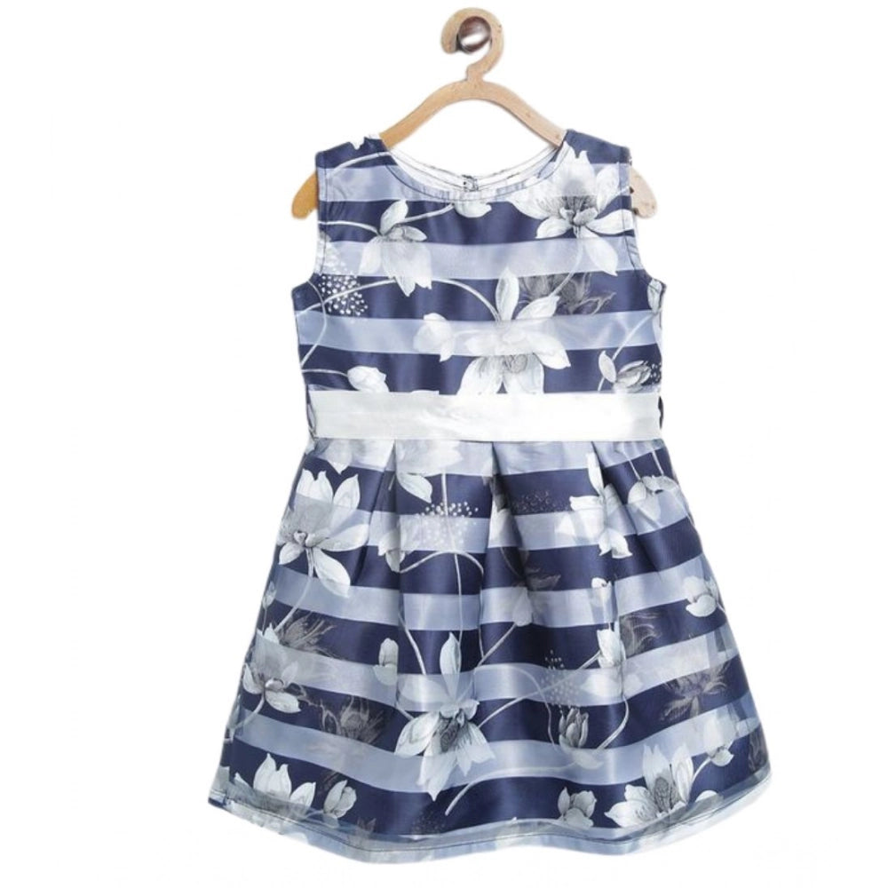 Girl'S Polyester Striped Sleeveless Dress (Navy Blue)