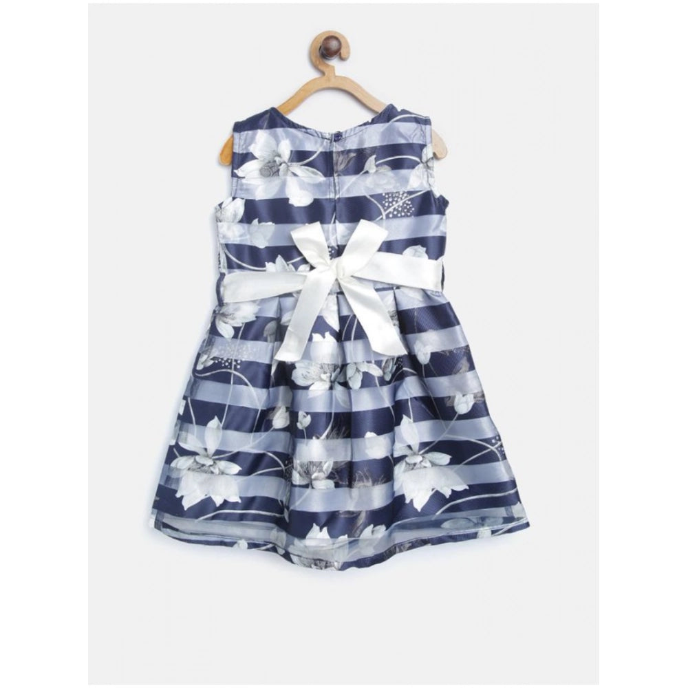 Girl'S Polyester Striped Sleeveless Dress (Navy Blue)