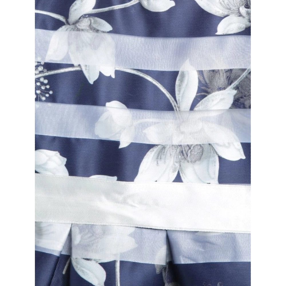 Girl'S Polyester Striped Sleeveless Dress (Navy Blue)
