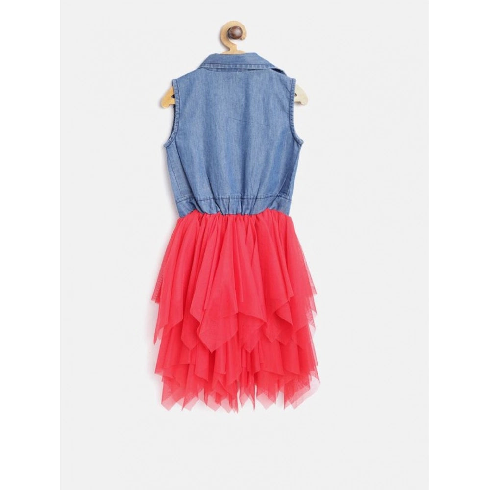 Girl'S Denim Roll Up Buttoned Dress (Blue-Red)