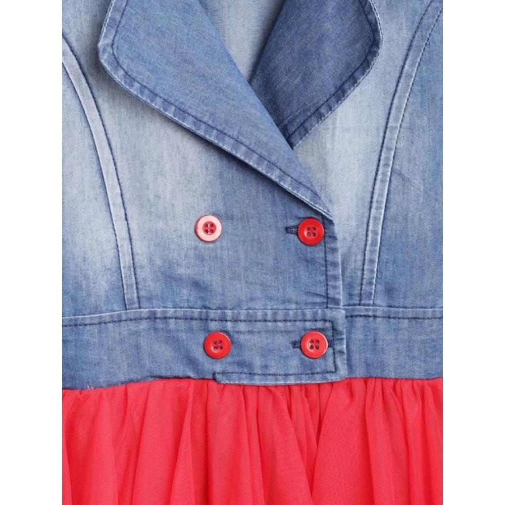 Girl'S Denim Roll Up Buttoned Dress (Blue-Red)
