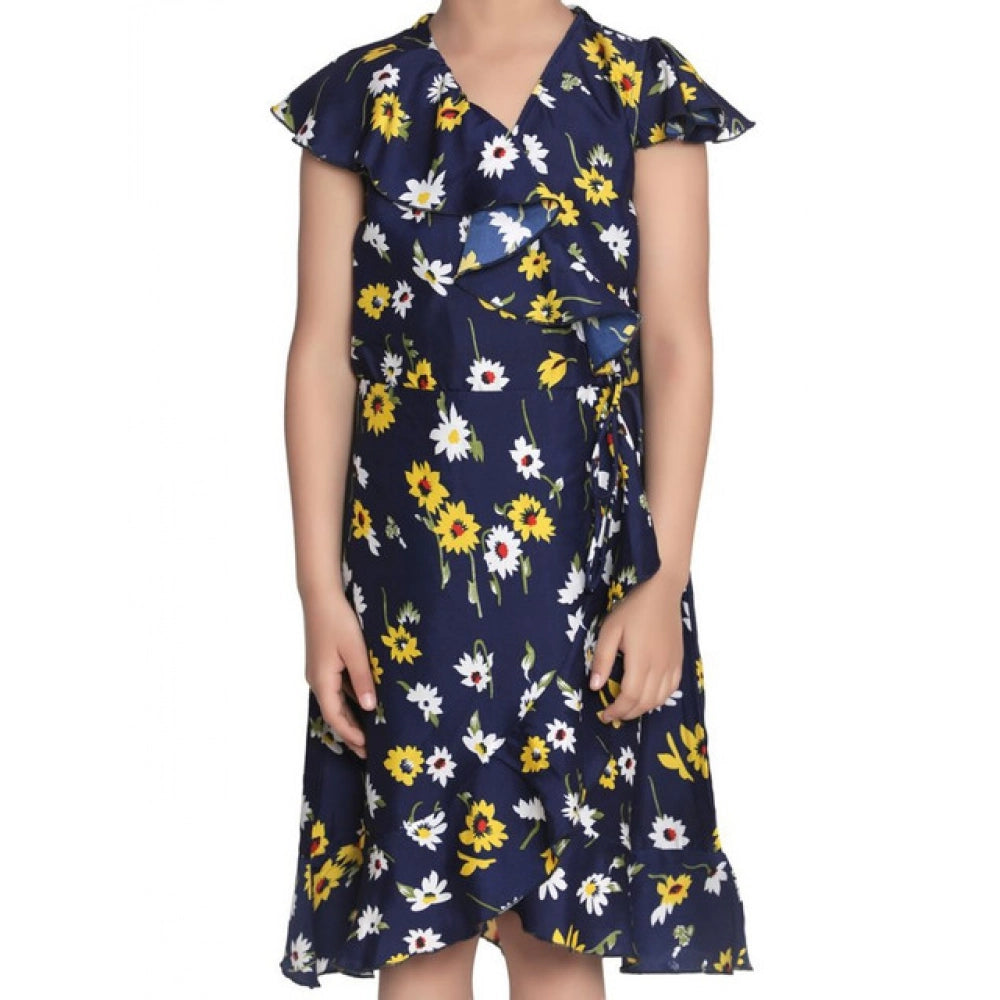 Girl'S Polyester Crepe Polka Cold Shoulder Dress (Navy Blue)