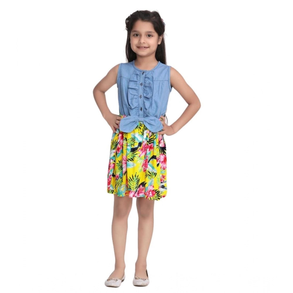 Girl'S Denim Floral Sleeveless Dress (Blue-Yellow)