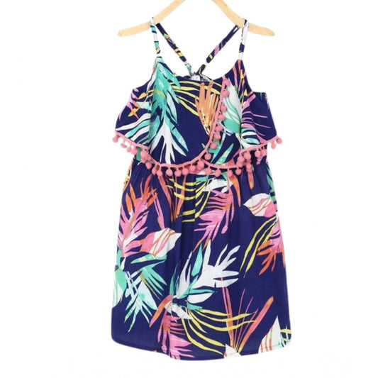 Girl'S Rayon Printed Shoulder Straps Dress (Navy Blue)