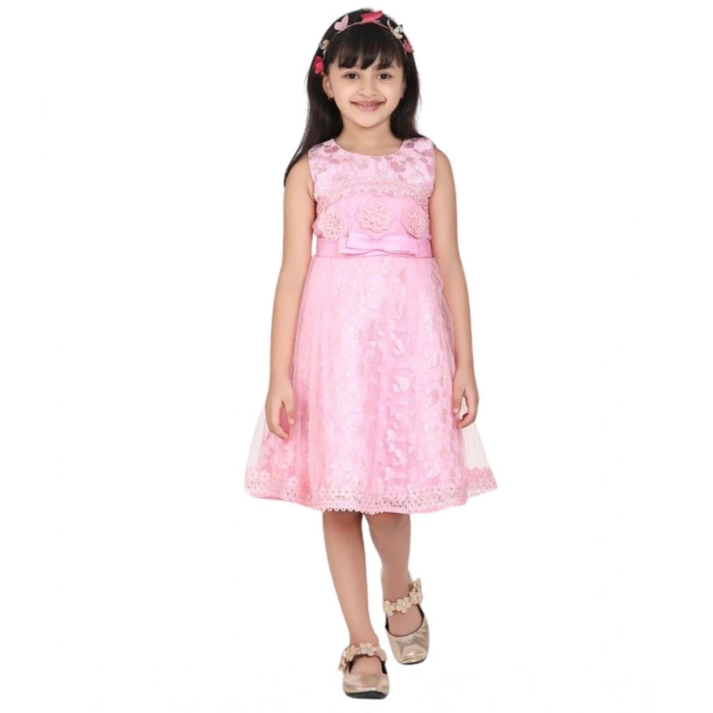 Girl'S Net Embroidered Sleeveless Dress (Pink)