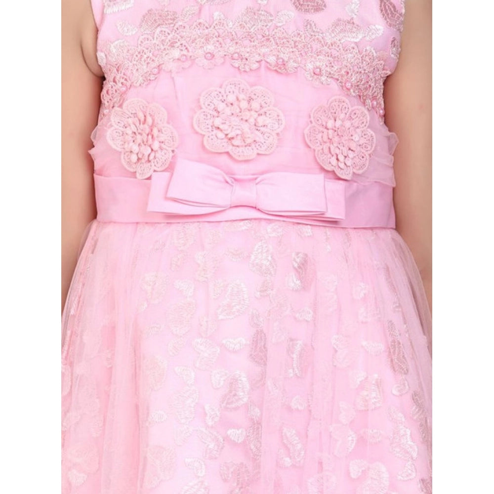 Girl'S Net Embroidered Sleeveless Dress (Pink)