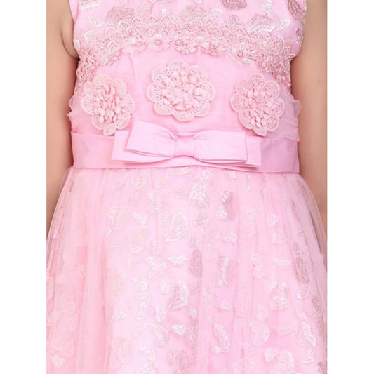Girl'S Net Embroidered Sleeveless Dress (Pink)